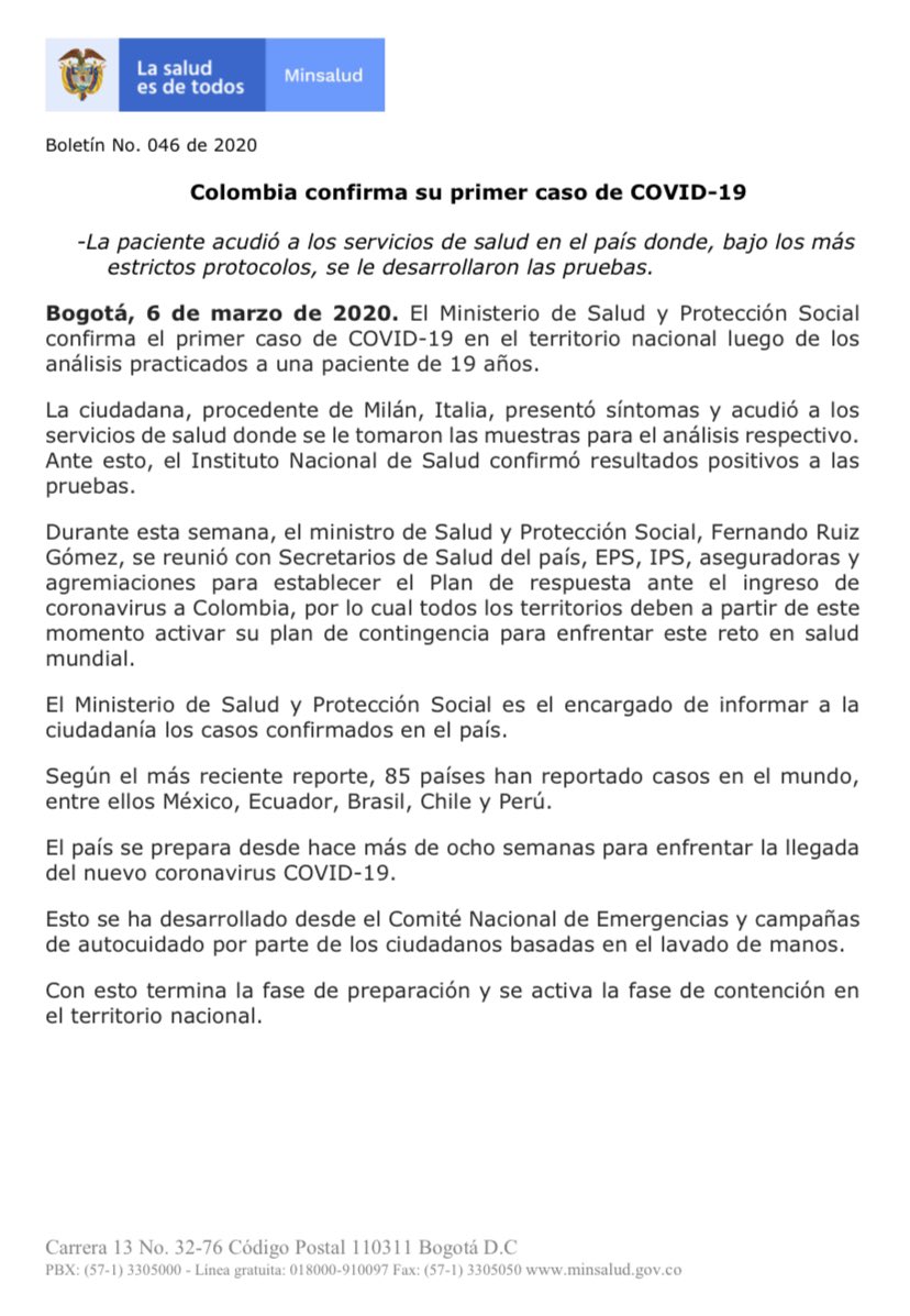 El Ministerio de Salud emitió un comunicado oficial para confirmar la presencia del Covid-2019 en el territorio colombiano.